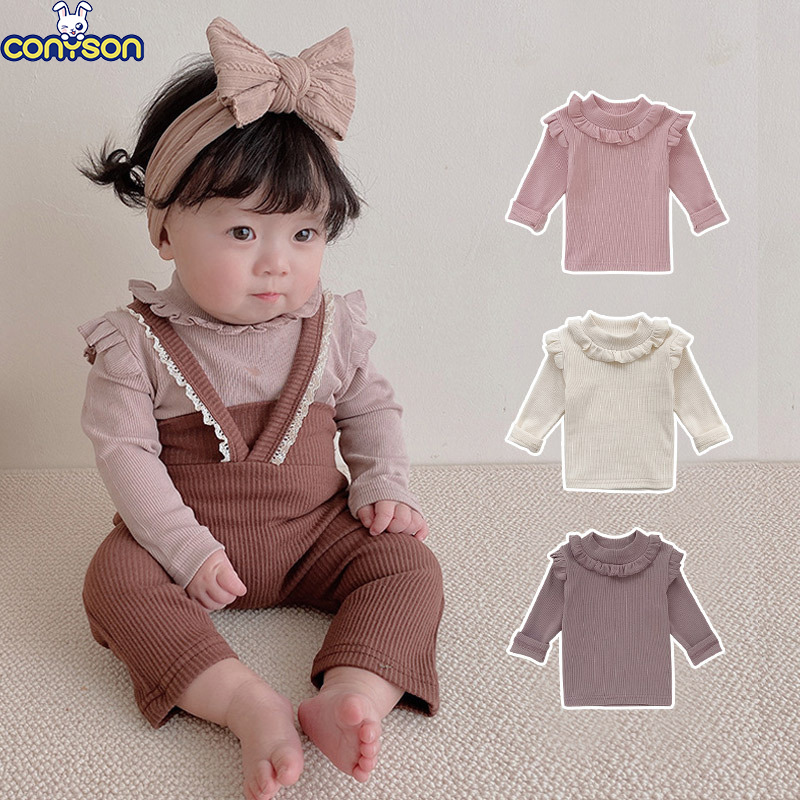 Conyson New Baby Korean Clothes Cotton Cute Pleated Ruffle Collar Long-Sleeved T-shirt Girl Sweet Princess Slim Legging Baby Set