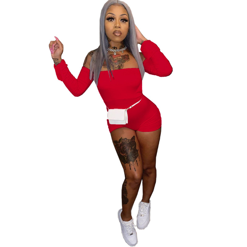Summer Women Casual Bodysuit Cuff Slits Strapless Siamese Trousers Long Sleeves Short Pants Playsuits Solid Color Jumpsuit
