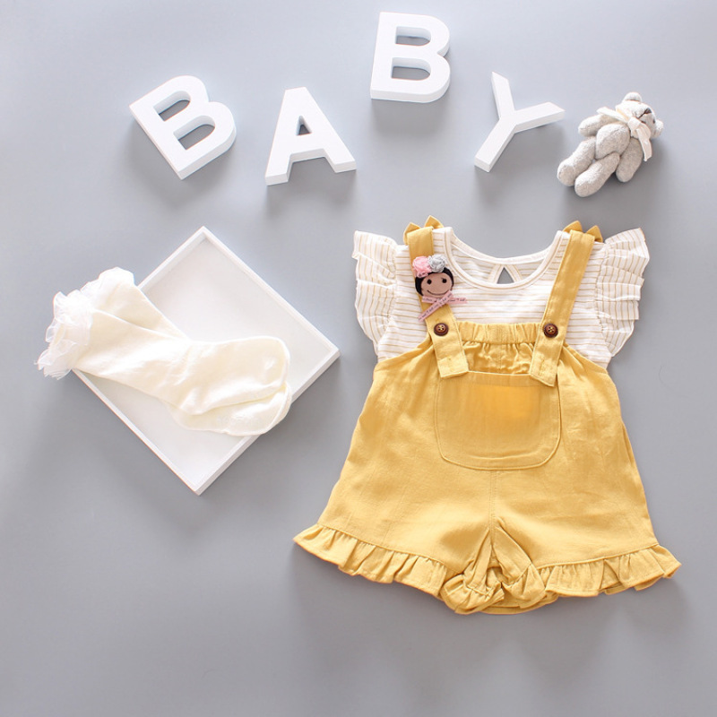 2021 Children's Cute Stripe High Quality Summer New Fashion Little Girls Striped Blouse With Suspenders 2 Piece Set
