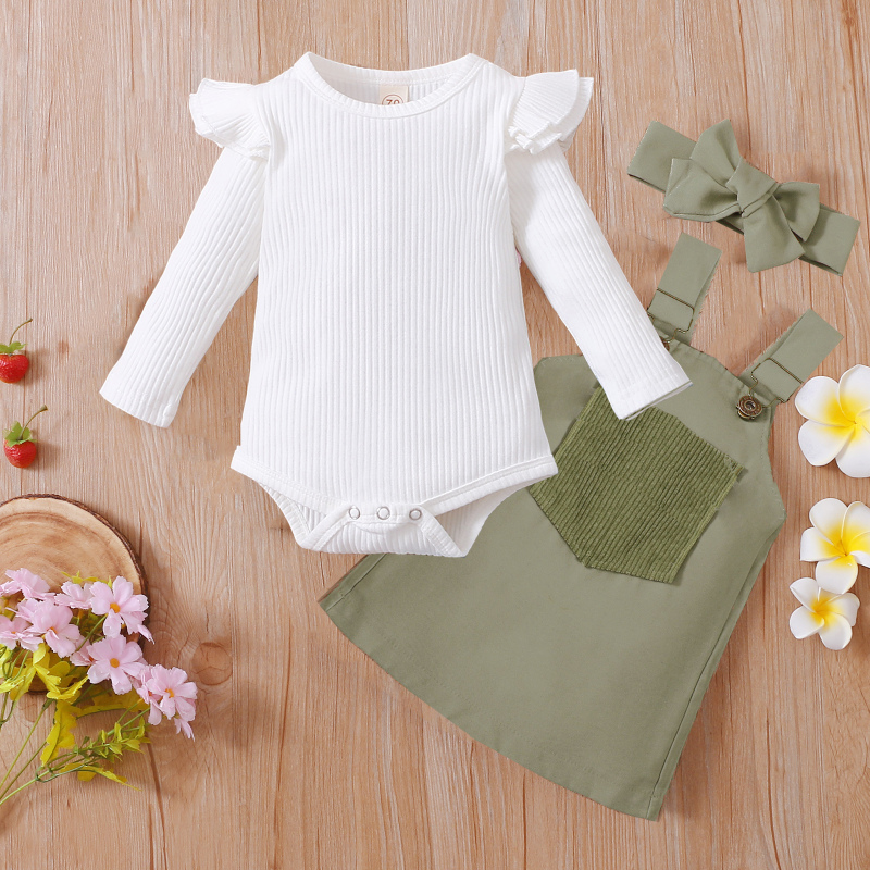 Conyson Wholesale Baby Kids Girls Solid Stripes Long Sleeve Romper Tops Pocket Suspender with Headband 3Pcs Clothing Skirt Set