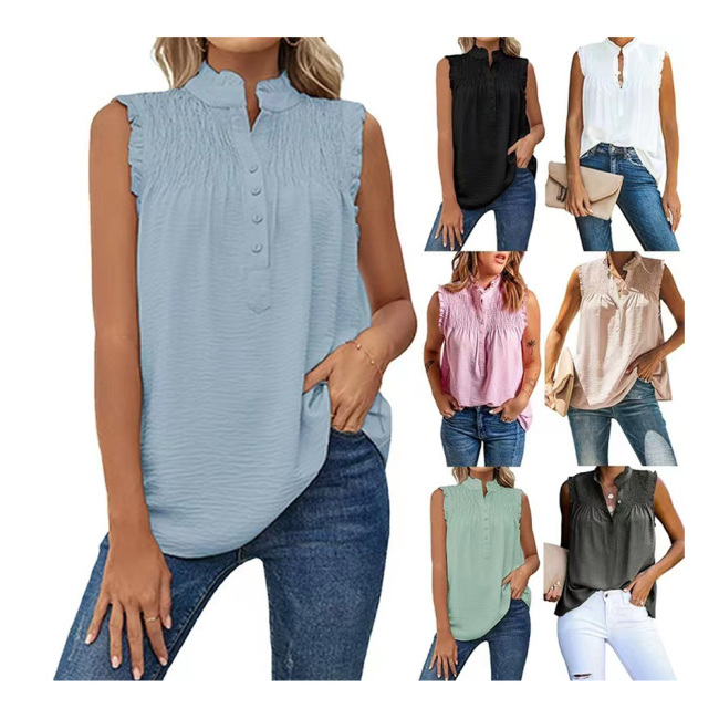 Conyson Hot Sale New Style Summer Woven Lotus Sleeve Lotus Collar Button Ruffle Formal Women's Vests And Chiffon Waistcoats
