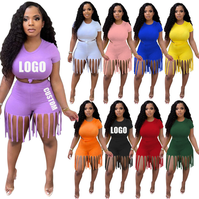 popular fashion summer logo Customized S-5XL women two pieces sport t-shirt tassels shorts suit clothing adult short clothes set
