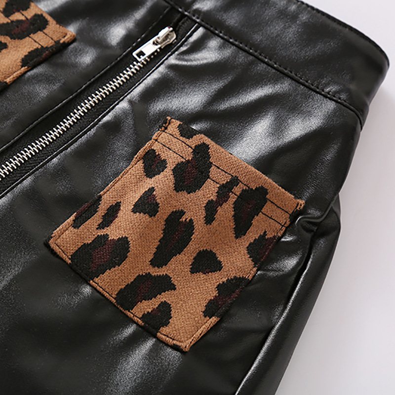 Conyson Winter High Quality Pullover Brown Leopard Print Yarn-dyed Top + Leather Zipper Skirt 2Pcs Clothing Sets For Baby Girls