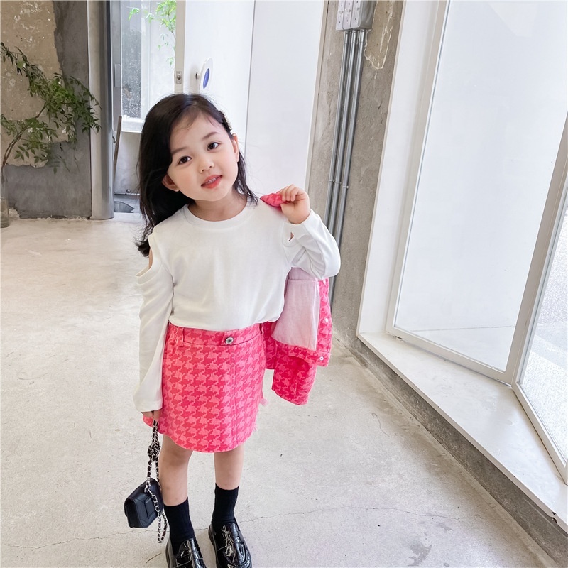 Conyson high quality Latest korea Style Short Skirt Set Fashion Toddler Girl Pink Printed Kids Cardigan 2-pieces clothing Set