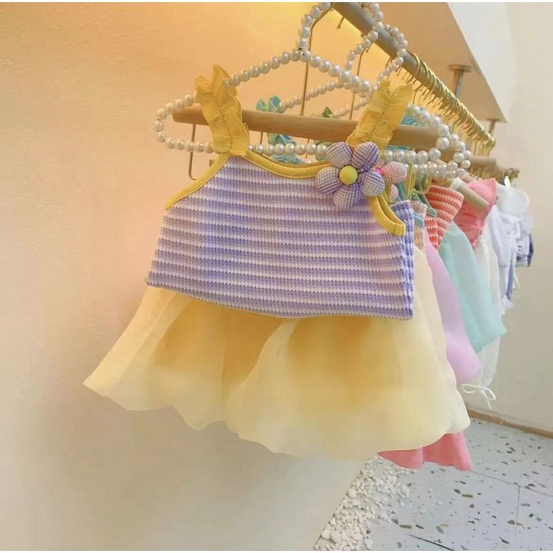 Summer Girls Baby Candy Colored Sling Sets Striped Flowers Ruffles Tops Petal Pants Sweet Lovely Two Pieces Suits