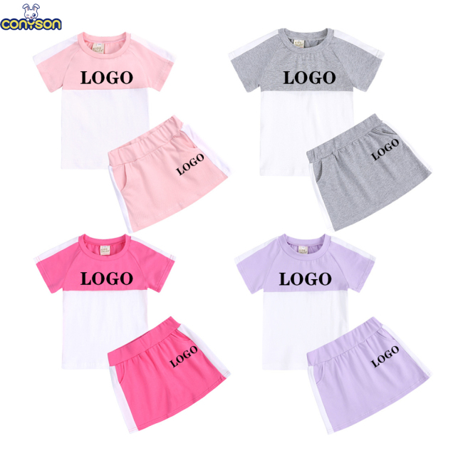 Conyson Hot Sale wholesale Plain Solid Student Contrast New Design Custom Logo Summer Sport Clothing Boy Girl Skirt 2Pcs Set