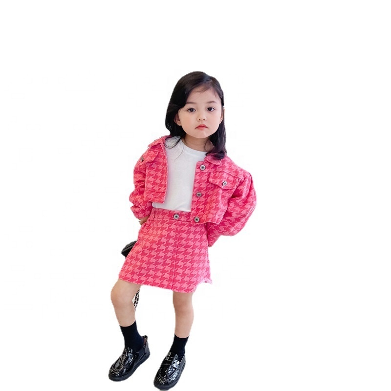 Conyson high quality Latest korea Style Short Skirt Set Fashion Toddler Girl Pink Printed Kids Cardigan 2-pieces clothing Set