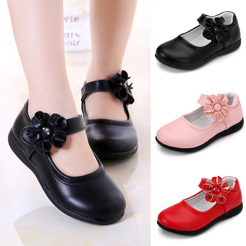 Conyson Wholesale Baby Girl Dress Shoes School Kids Soft Soled Princess Shoes Mary Jane Shoes With Flower Buckle Strap