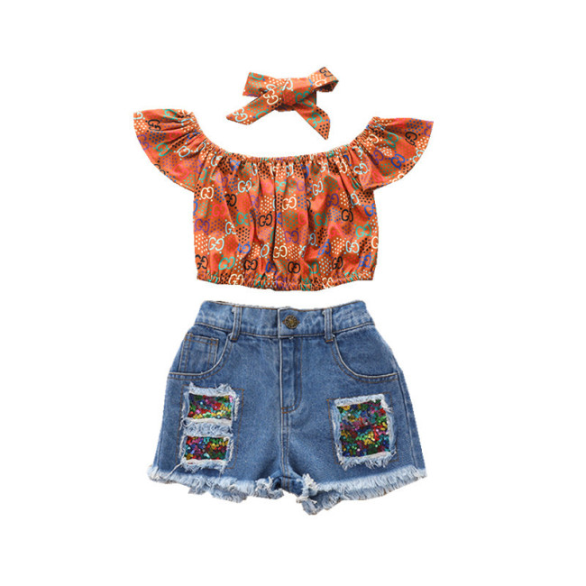 2021 New Product Printed Pullover Denim Shorts Set Europe And America Summer Three-piece Children  Clothing Girls Hot Pants Suit