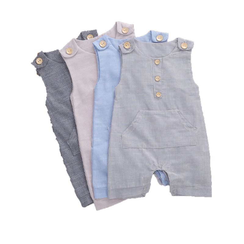 High Quality Covered Button Cotton Lattice Sleeveless Summer Plain Korean Newborn Baby Bodysuit Rompers