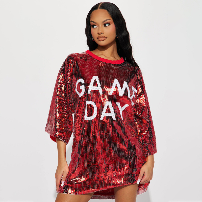 Conyson Summer Fashion Round Neck Half Sleeve Loose Beaded Printed Dress Women's Party Sequin Style Nightclub Style Women Dress