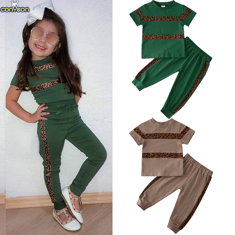 Conyson Wholesale Discount Summer Kids Clothes European Leopard Print Short Sleeve Shirts +Pants 2Pcs Baby Girls Clothing Sets