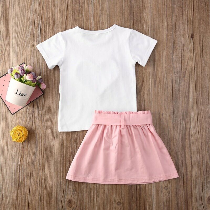 Conyson Kids Baby Clothes Summer Clothing Infant Children Easter Gift Print Pearls Heart Top Shirt Skirt 2Pcs Set Custom Outfit