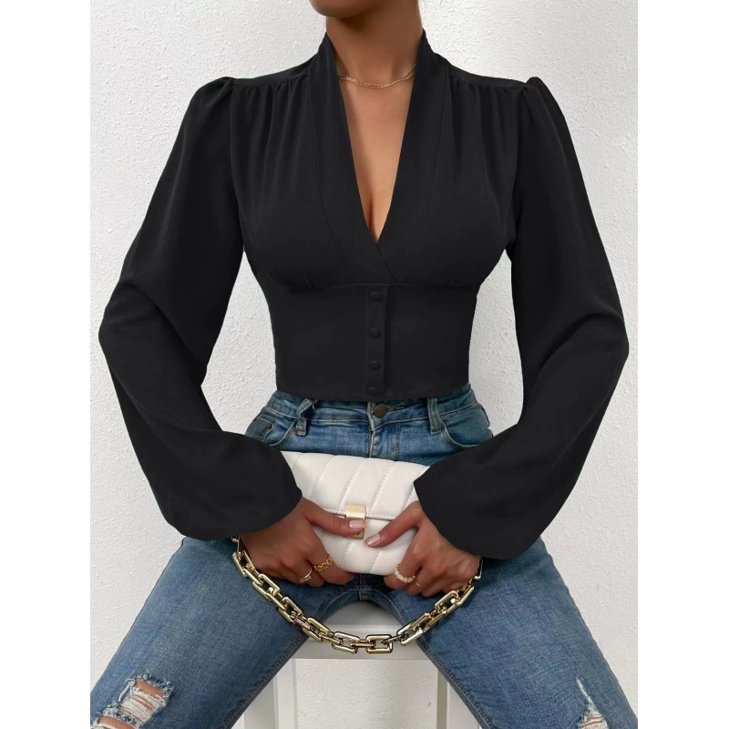 Conyson New Design Fall Spring Blouses ladies Urban Elegant Womens Puff Sleeve Blouses Ladys V Neck Tight Casual Tops Blouses