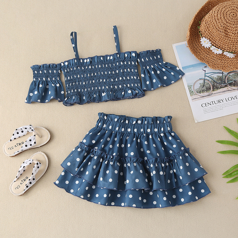 Conyson Hot Sale Summer Girls Printed Beach Fashion Halter Cake Children Dot Kids Clothing Skirt Set for 2-7 Years Girls