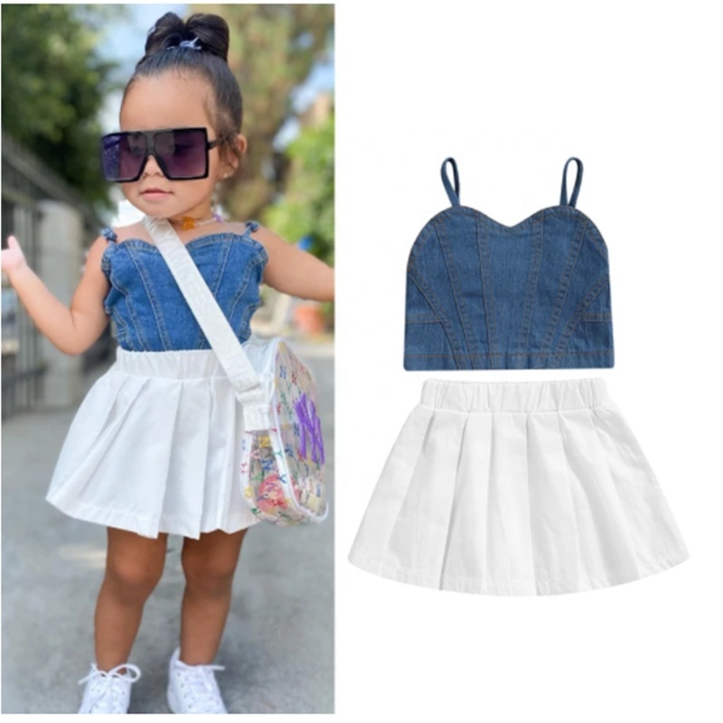 Conyson Fashion Kids Girls Casual Jean Vest Short Skirts Outwear Summer Suits Little Girl White Pleated Dresses 2pcs Outfits