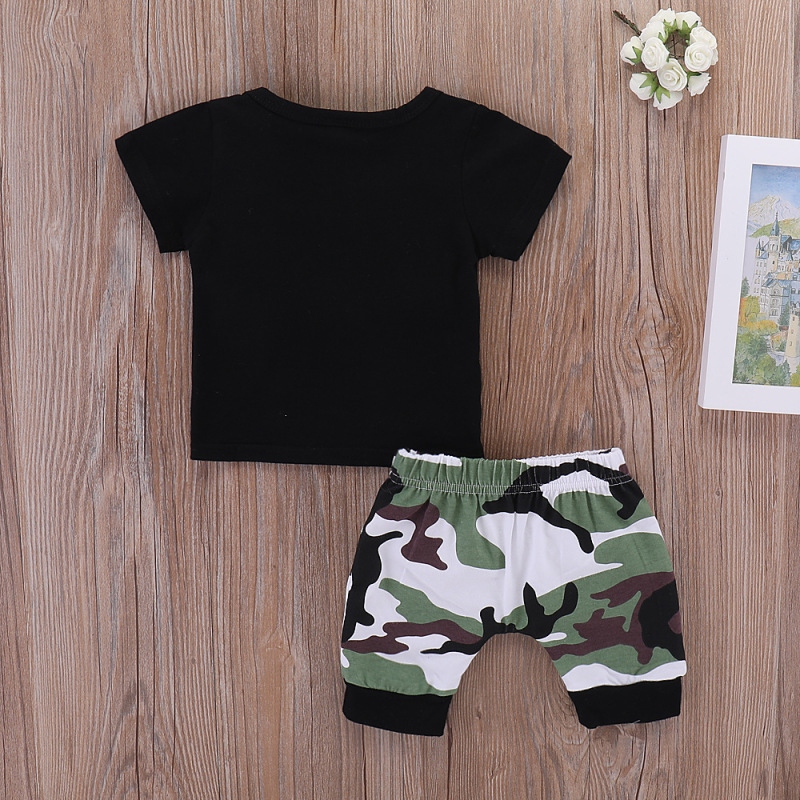 Conyson Casual Long Sleeve Top Army Trousers Outdoor Outfits Black Letter T-shirt Camouflage Short Pants Baby Boy Suit 2Pcs Sets