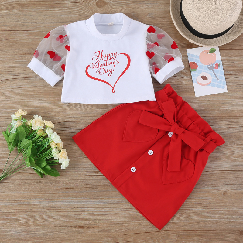 Conyson New Summer Valentines Days Kids Toddler Girls 2Pcs Clothes Sets Heart Letter Mesh Puff Sleeve T-Shirts+Bowknot Skirt Set