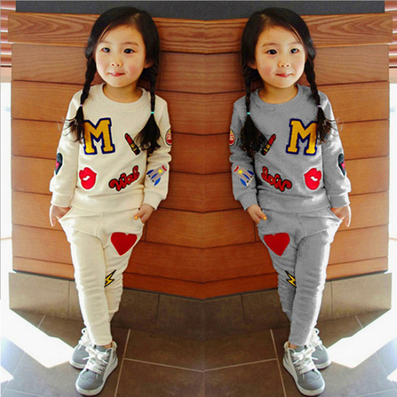 Latest Design Non-hooded Long Sleeves Cute Girl Track Cartoon Alphabet Girl autumn Kids Clothing Sets