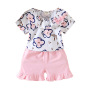 High Quality 2021 summer children popular short sleeve o-neck bowknot baby girls print tops with kid pure color short pants 2pcs