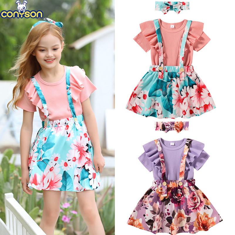 Conyson Wholesale Hot Fashion Summer Kids Girls Clothes Sets Ruffles Fly Sleeve Solid T Shirts+Floral Suspender Skirt Headband