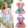 Conyson Wholesale Hot Fashion Summer Kids Girls Clothes Sets Ruffles Fly Sleeve Solid T Shirts+Floral Suspender Skirt Headband