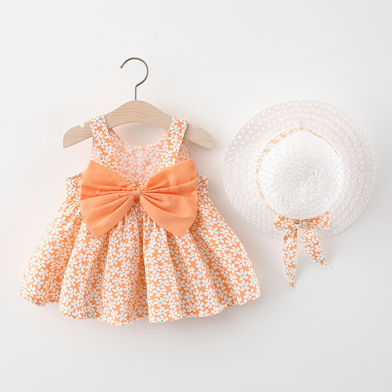 Conyson Wholesale Summer New Design Fashion Korean Sweet Kids Clothes Suit Princess Bowknot Dresses+Hat Baby Girls Clothing Set