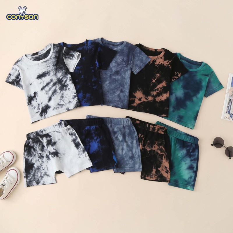 Conyson New Summer Unisex Short Bottoms Tracksuit Tie-dye Printed Short Sleeve Tops Casual Kids Boy Girl 2pcs Outfits Sets
