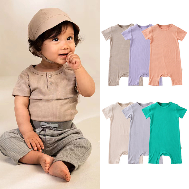 Conyson Wholesale Summer Unisex Baby Romper Short Sleeve One Piece Cotton Solid Knitted Infant Toddler Boys Clothes Romper