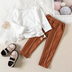 Conyson Casual Kids Girl Clothing Sweater Leather Pants Outfits Long Sleeve Top Pu Pant  With Belt  2pc Girls Sets