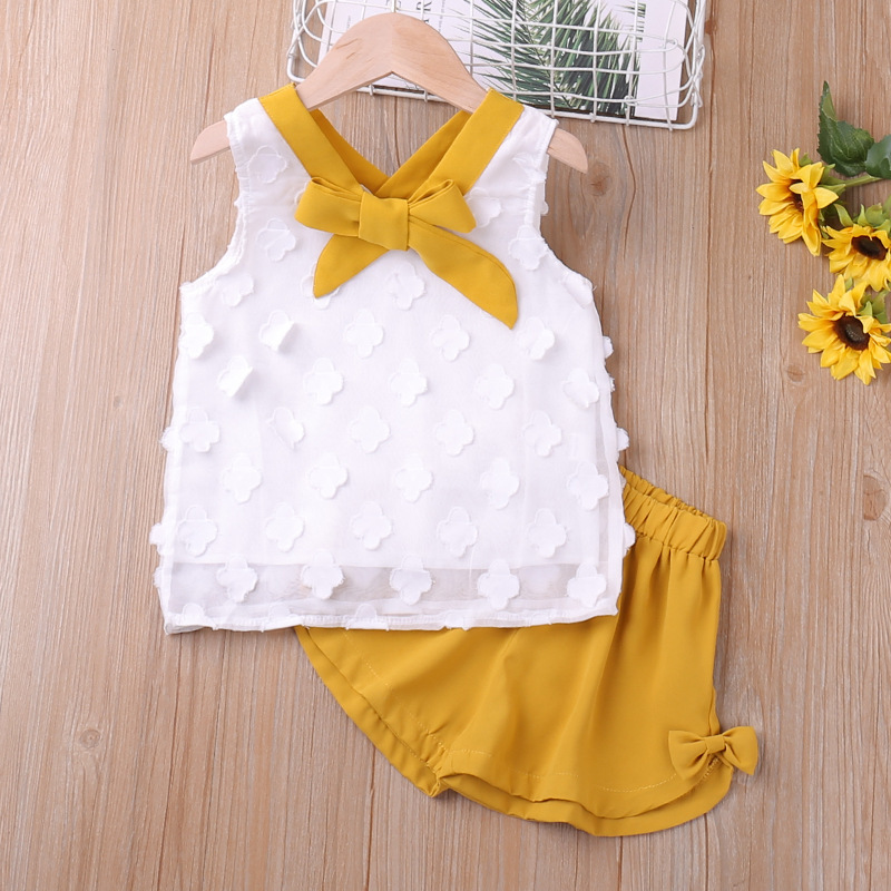 Conyson Wholesale Cute Infant High Quality Summer Sweater Baby Girls' Suit Bow Newborn Clothing Knitting 2 Pieces Girl Sets