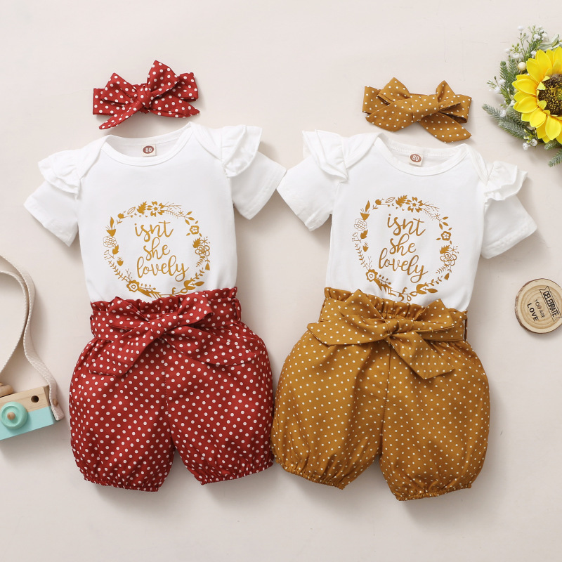 Customized Newborn Baby Girls Printing Clothes Suit Baby Short-sleeve Alphabet Romper + Polka-dot Shorts Sets