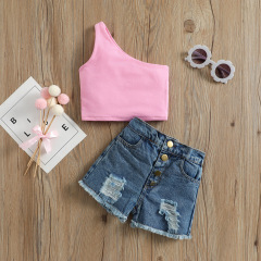 Conyson Wholesale Kids Girls Clothing Sets Summer New Western Style Baby Sleeveless Single Side Sling 2 Pcs Children Clothes Set