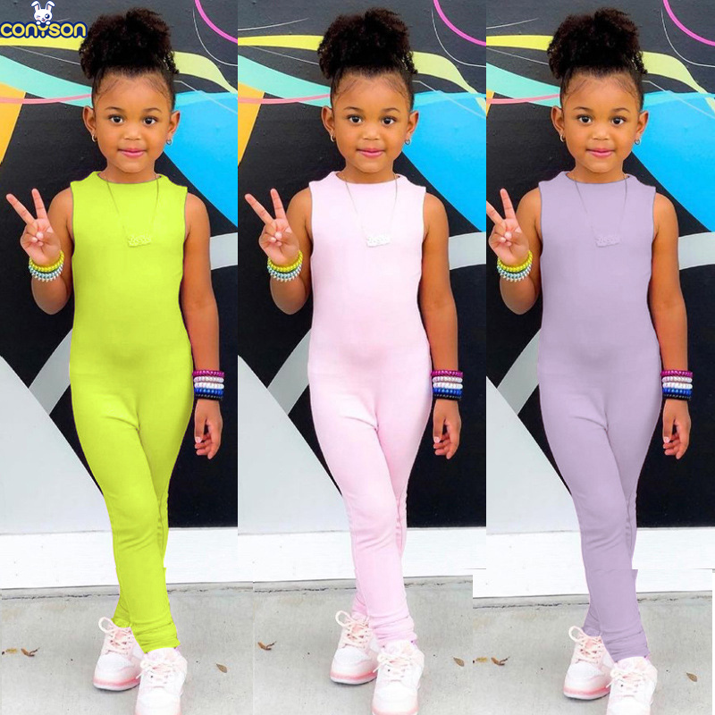 Conyson New Hot Fashion Kids Clothes Boutique Summer Bodysuits Kids Casual Custom Baby Girls Sleeveless One Piece Solid Jumpsuit