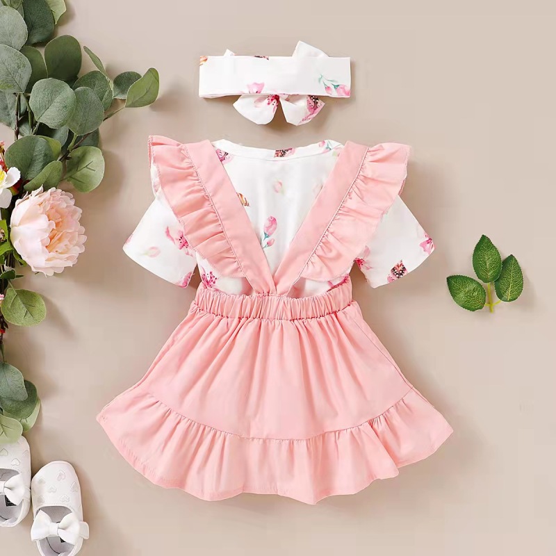 Conyson New Design Wholesale Summer Organic Cotton Short Sleeve Floral Patterns Cute Pink 3pcs Baby Girls Set