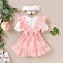 Conyson New Design Wholesale Summer Organic Cotton Short Sleeve Floral Patterns Cute Pink 3pcs Baby Girls Set