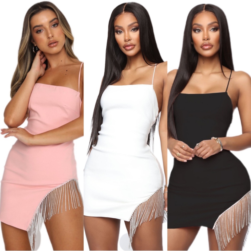Custom Skinny Women Mini Skirts Diamond Tassel Backless Forking Spaghetti Strap Bodycon Dress Low Cut Sexy Party Club Dress