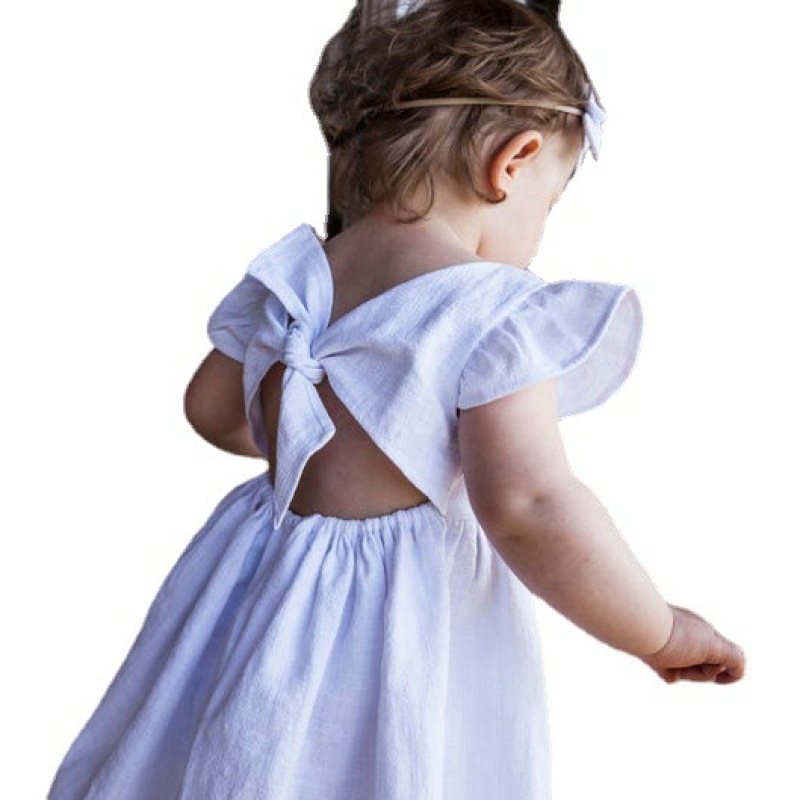 Conyson high quality Summer fashion ins boutique Solid Color Kid Clothes fly sleeve Casual Baby Girl Bow Princess clothing Dress