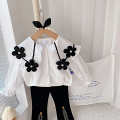 Conyson Wholesale High quality Kids Boutique Clothes Girls Flowers White Blouse+Flared Pants with a Slit Baby Girl Clothing Set
