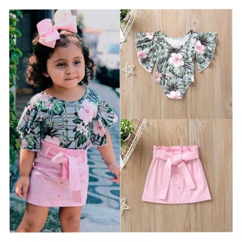 New Wholesale Conyson Summer little Girls Summer Clothing Sets Trumpet Sleeve Floral Patterns Top T-shirt Baby Skirt Sets