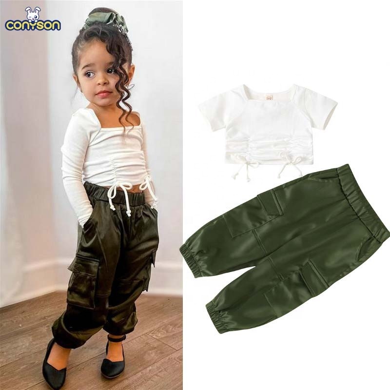 Conyson White Short Sleeve Pullover Baggy Sweatpants Sweats Ruffle Square Collar Crop Top  Leather Long Pants Girl 2Pcs Suit