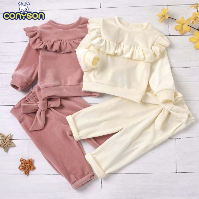 Winter Warm Toddler Baby Girls Velvet Outfits Sets Round Neck Ruffle Trim Top Elastic Waist Pant 2pcs Kid Clothes