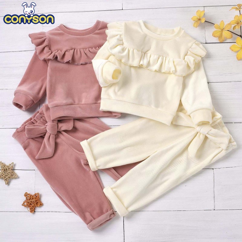 Winter Warm Toddler Baby Girls Velvet Outfits Sets Round Neck Ruffle Trim Top Elastic Waist Pant 2pcs Kid Clothes