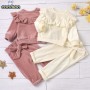 Winter Warm Toddler Baby Girls Velvet Outfits Sets Round Neck Ruffle Trim Top Elastic Waist Pant 2pcs Kid Clothes