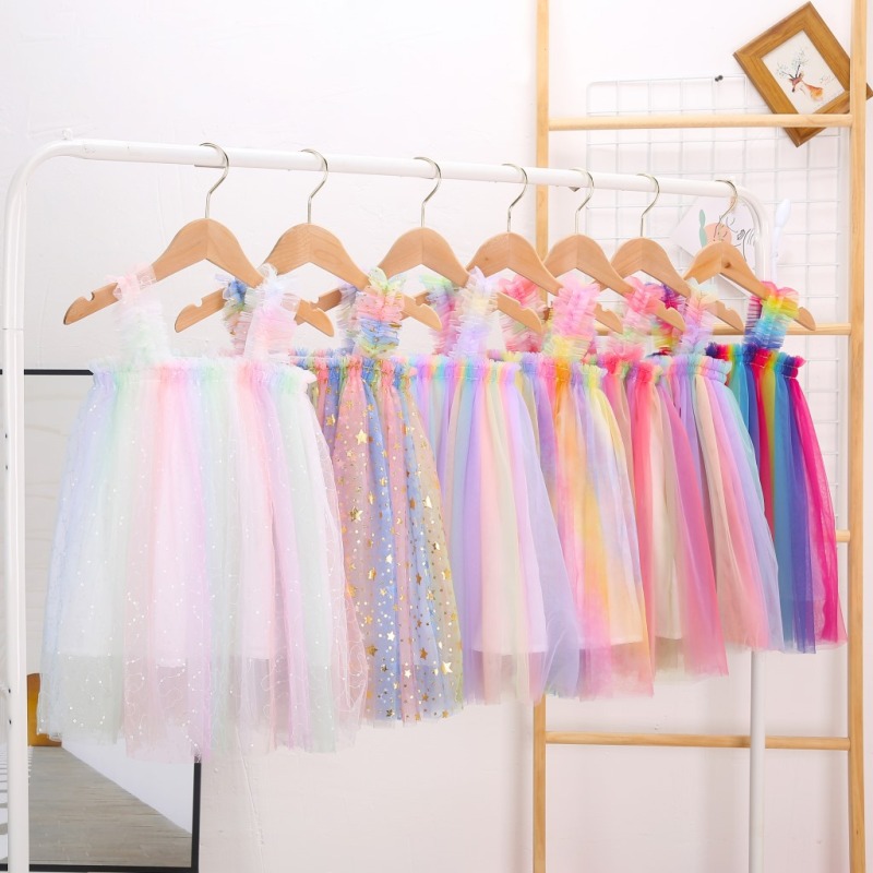 2021 Ins summer new girls sleeveless suspender net gauze clothes children net gauze princess rainbow tutu skirt baby dress