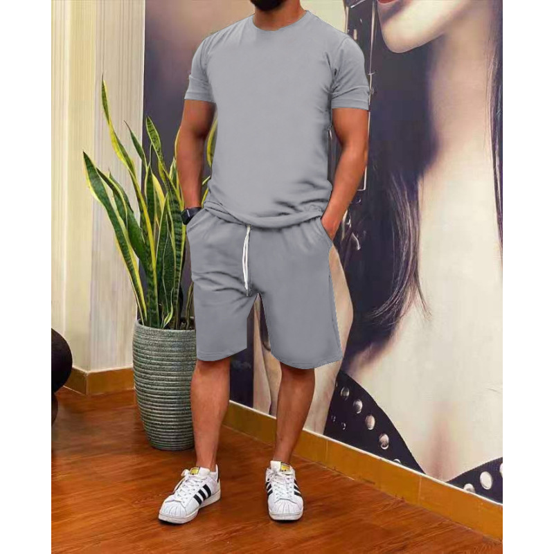Wholesale plus size men's Custom logo made sport Clothes suits summer solid fashion two piece clothing cotton t-shirt short Sets