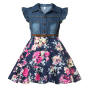 Girls Denim Floral Dress Summer Party Dress with Belt Children Flying Short Sleeve Casual Clothing Baby Girl Kids Fashion Outfit