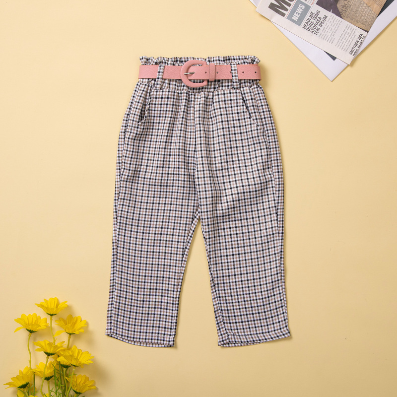 Conyson Fashion 1-6Y Kids Girls Autumn Clothes Sets Long Puff Sleeve Solid Tops Belt Plaid Print Pants 2 Piece Girl Outfits
