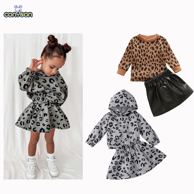 Conyson Winter High Quality Pullover Brown Leopard Print Yarn-dyed Top + Leather Zipper Skirt 2Pcs Clothing Sets For Baby Girls