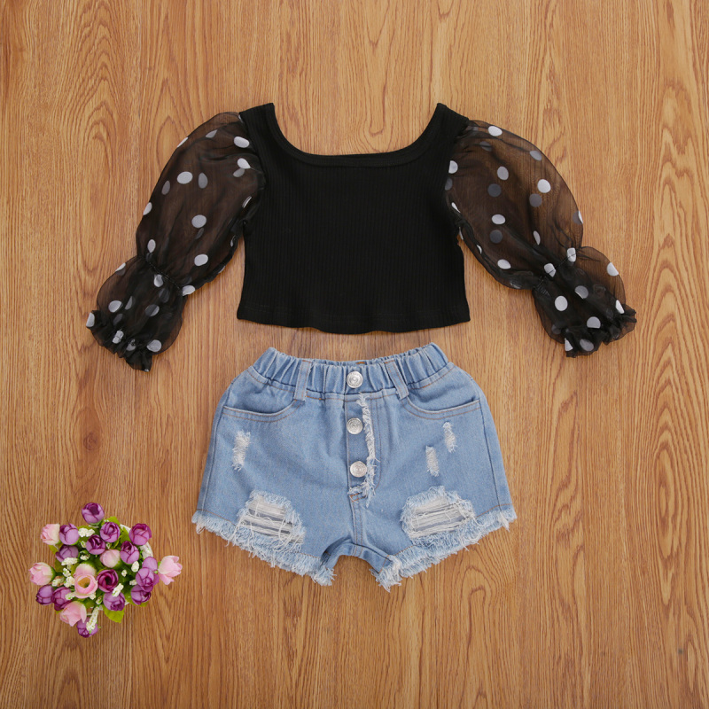 Conyson Fashion Children Clothes Sets Kids Baby Girls Mesh Sheer Puff Long Sleeve Blouse +Denim Shorts Jeans Outfits Tracksuit